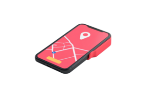 A smartphone displaying a navigation app with a bright red background and a prominent location marker on the screen. png