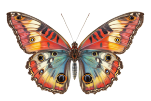 A vividly colored butterfly with intricate patterns and large eyespots on its wings, showcasing vibrant hues of red, blue, and orange. png