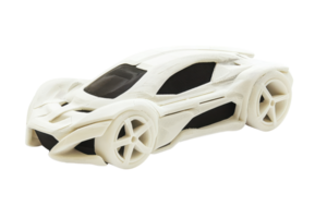 A detailed model of a sleek, futuristic sports car, showcasing its aerodynamic design and distinct wheel structure. png