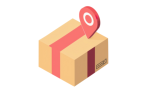 A closed cardboard box with red stripes and a location pin attached to it. png