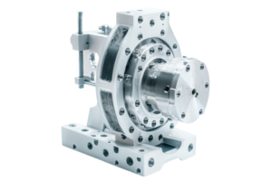 A detailed mechanical component featuring a complex design with multiple holes and a polished metallic finish. png