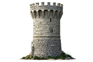 A medieval stone tower with crenellations, featuring a sturdy structure and small windows, evoking a historic and fortified aesthetic. png