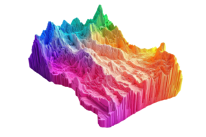 A vibrant 3D model showcasing colorful peaks and valleys, illustrating a terrain-like structure with intricate details. png