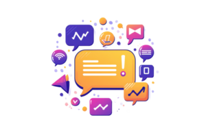 Speech bubbles in vibrant colors containing various symbols representing communication and information. png
