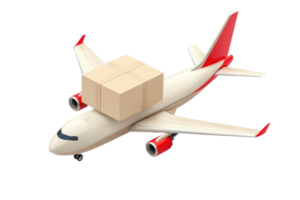 A stylized airplane carrying a stack of boxes, symbolizing cargo transport and shipping services. png