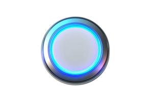 A circular button featuring a blue illuminated ring around a white center, designed for interactive or control functions. png