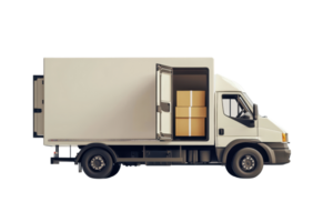 A delivery truck with an open side door revealing stacked boxes inside, emphasizing its utility for transporting goods. png