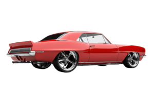 A sleek, red classic car with shiny chrome wheels, showcasing its vintage design and polished appearance. png