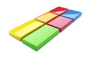 Colorful geometric blocks arranged in a rectangular formation, showcasing a variety of vibrant hues and shapes. png