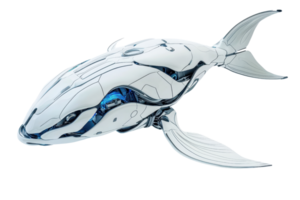 A futuristic robotic whale with sleek design and intricate mechanical details, showcasing a blend of technology and marine elegance. png