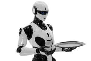 A futuristic robot holds a metallic tray, showcasing sleek design and advanced technology. png