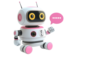 A cute, cartoonish robot with big eyes, a friendly expression, and pink accents, holding its hand up as if ready to interact. png