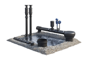 A detailed representation of a water pipeline system featuring various pipes, valves, and a reservoir base. png