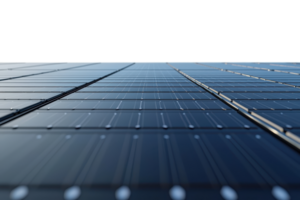 Close-up view of solar panels arranged in a grid pattern, showcasing their dark surface and structure against a bright sky. png