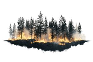 A cluster of trees engulfed in flames, surrounded by smoke, depicting a forest fire in progress. png