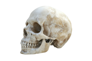 A detailed human skull, showcasing intricate features like teeth, eye sockets, and cranial structure from a lateral perspective. png