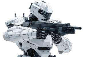 A futuristic robot in white armor, aiming a gun, showcasing advanced technology and design in a combat-ready stance. png