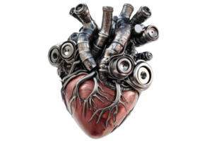 A stylized heart with mechanical elements and intricate roots, blending organic and industrial design. png