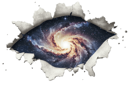 A swirling galaxy is depicted as if viewed through a large tear in a surface, creating an illusion of depth and cosmic wonder. png