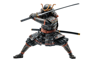 A fierce samurai in traditional armor strikes a dynamic pose, wielding a katana with precision and strength. png