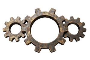 A set of three metallic gears arranged together, showcasing different sizes and intricate designs. png