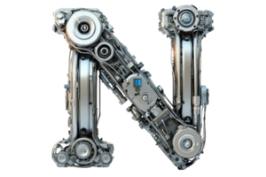 A metallic letter N constructed from intricate machinery and mechanical components. png