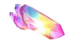 A vibrant, multi-faceted crystal with a mix of colors reflecting light, showcasing its geometric shape and brilliance. png