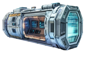 A futuristic space pod featuring advanced technology displays and a sleek design, showcasing a blend of metal and digital elements. png