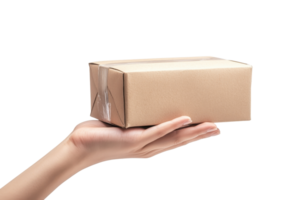 A hand holding a small, plain cardboard box against a transparent background, symbolizing delivery or packaging. png