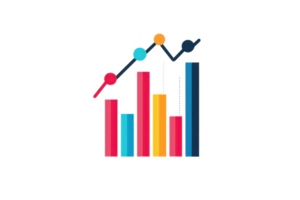 A colorful bar chart represents data trends and analytics with varying heights and a line graph overlay. png