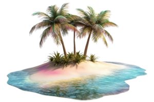 A tropical island with three palm trees and surrounding water, showcasing a serene and vibrant landscape. png
