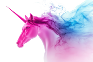 A vibrant pink unicorn emerges from colorful smoke against a transparent background, embodying whimsy and fantasy. png