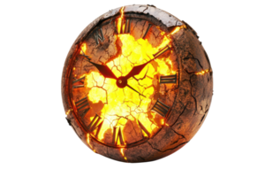A cracked clock face with glowing orange and yellow elements radiating warmth, showcasing an intense and fiery design. png