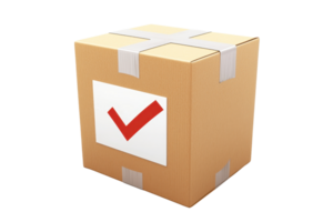 A cardboard box with a check mark symbol, indicating approval or completion. png