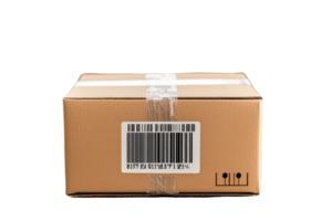 A rectangular cardboard box with a barcode and tape securing the flaps. png