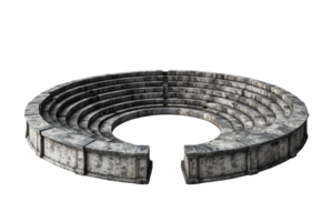 A circular stone amphitheater with tiered seating, showcasing weathered textures and a partially open center. png