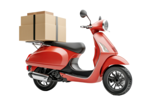 A vibrant red scooter with stacked boxes on the back, designed for delivery or transporting goods. png