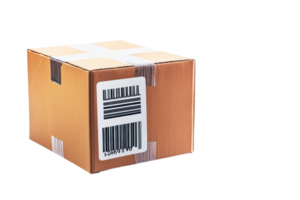 A cardboard box with tape and a barcode label prominently displayed on one side. png