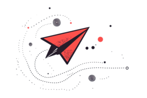 uma estilizado vermelho papel avião subindo com dinâmico movimento linhas e pequeno celestial elementos por aí isto. png