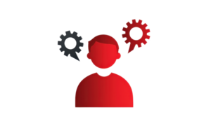 A stylized figure of a person with gears and thought bubbles, symbolizing creativity and problem-solving. png