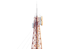 A tall communication tower with antennas, prominently displaying its structure against a dark backdrop. png