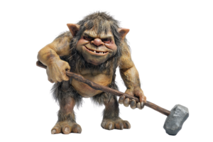 A whimsical troll character wielding a large hammer, featuring shaggy hair and an exaggerated grin, showcasing a playful yet mischievous demeanor. png