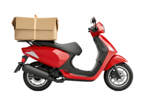 A bright red scooter with a large cardboard box secured on the back, designed for transportation and delivery purposes. png