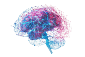 A vibrant, stylized representation of a brain, showcasing intricate neural connections and dynamic colors. png