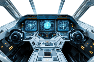 A futuristic spaceship cockpit featuring advanced control panels, digital displays, and sleek, modern design elements in a dark space environment. png