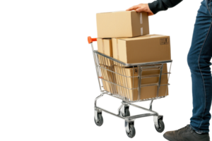 A shopping cart loaded with cardboard boxes against a transparent background, emphasizing delivery and online shopping concepts. png