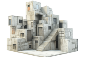 A modern structure composed of stacked concrete blocks with various windows and a staircase. png