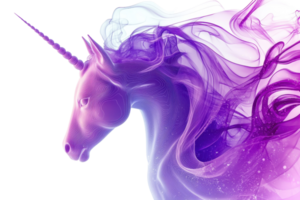 A vibrant unicorn emerges from colorful smoke, showcasing a mystical and enchanting aura against a transparent background. png