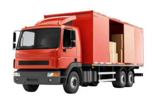 A red delivery truck featuring an open cargo area filled with cardboard boxes, showcasing its transporting capabilities. png
