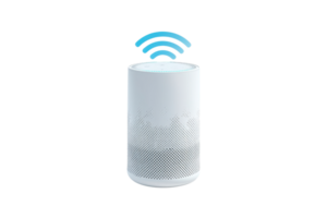 Smart speaker emitting sound waves, designed for voice control and wireless connectivity. png